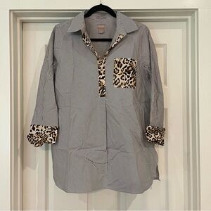 Chico’s Leopard print and blue and white striped half button up tunic. Size 1